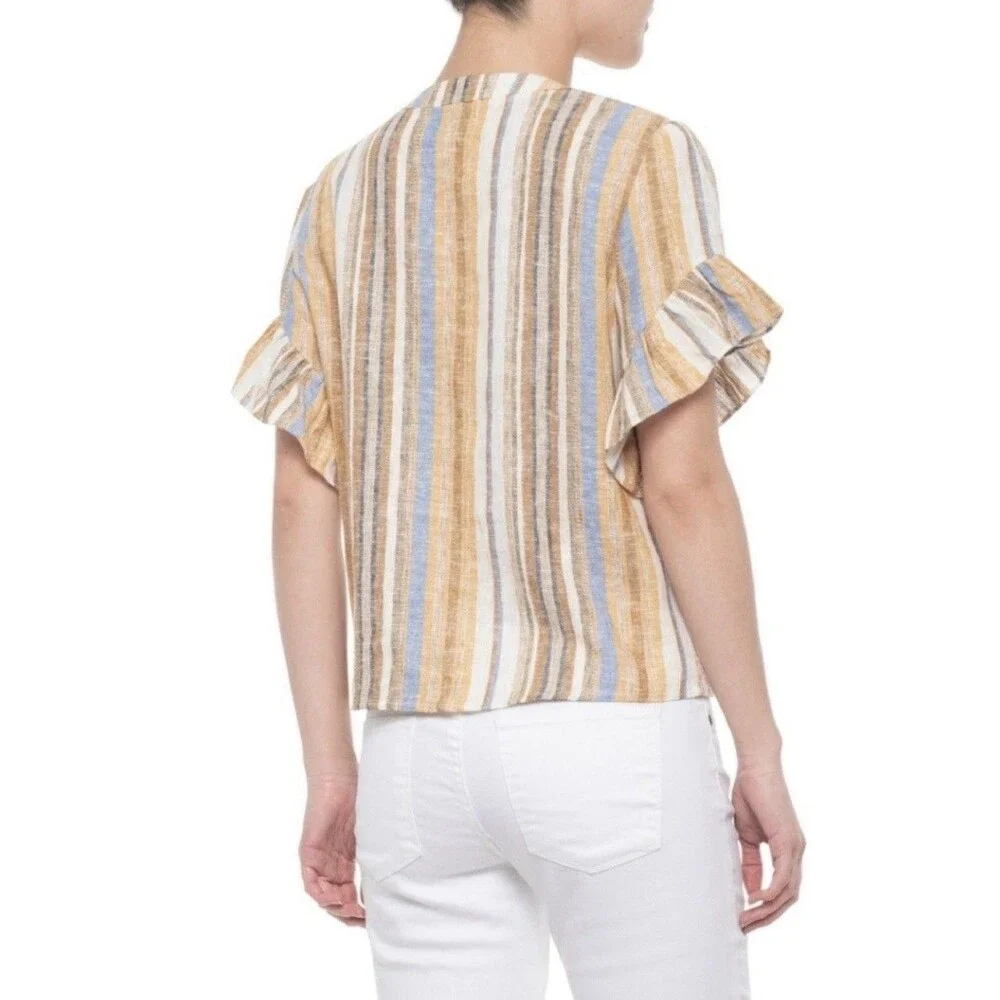 DREW Anthropologie Linen Blend Striped Ruffle Short Sleeve Top Blouse Size Large - Picture 2 of 10